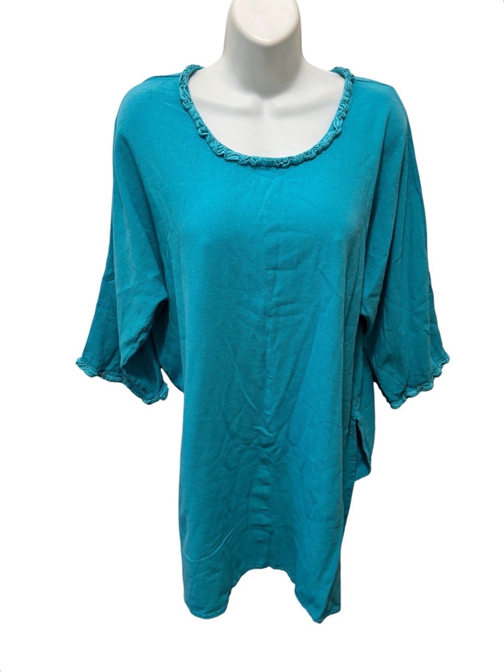 Oh My Gauze Tunic Top 3/XXL Cotton Turquoise 3/4 Sleeves Side Slits Ruffle Neck
